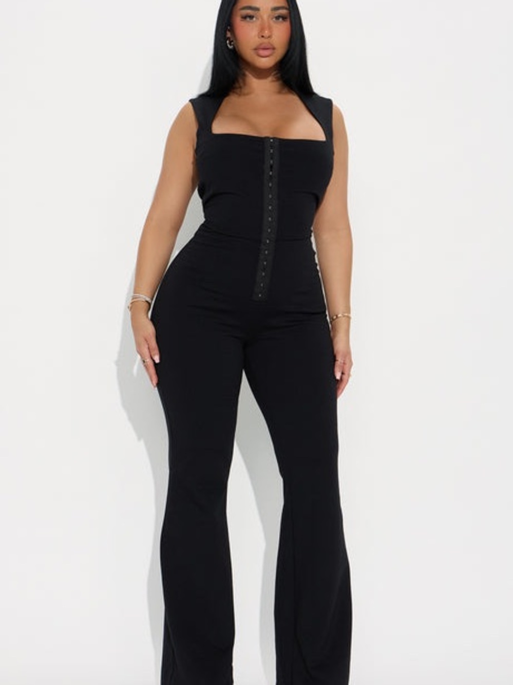Fashion Nova Black Square-Neck Snap-Front Jumpsuit with Flared Legs